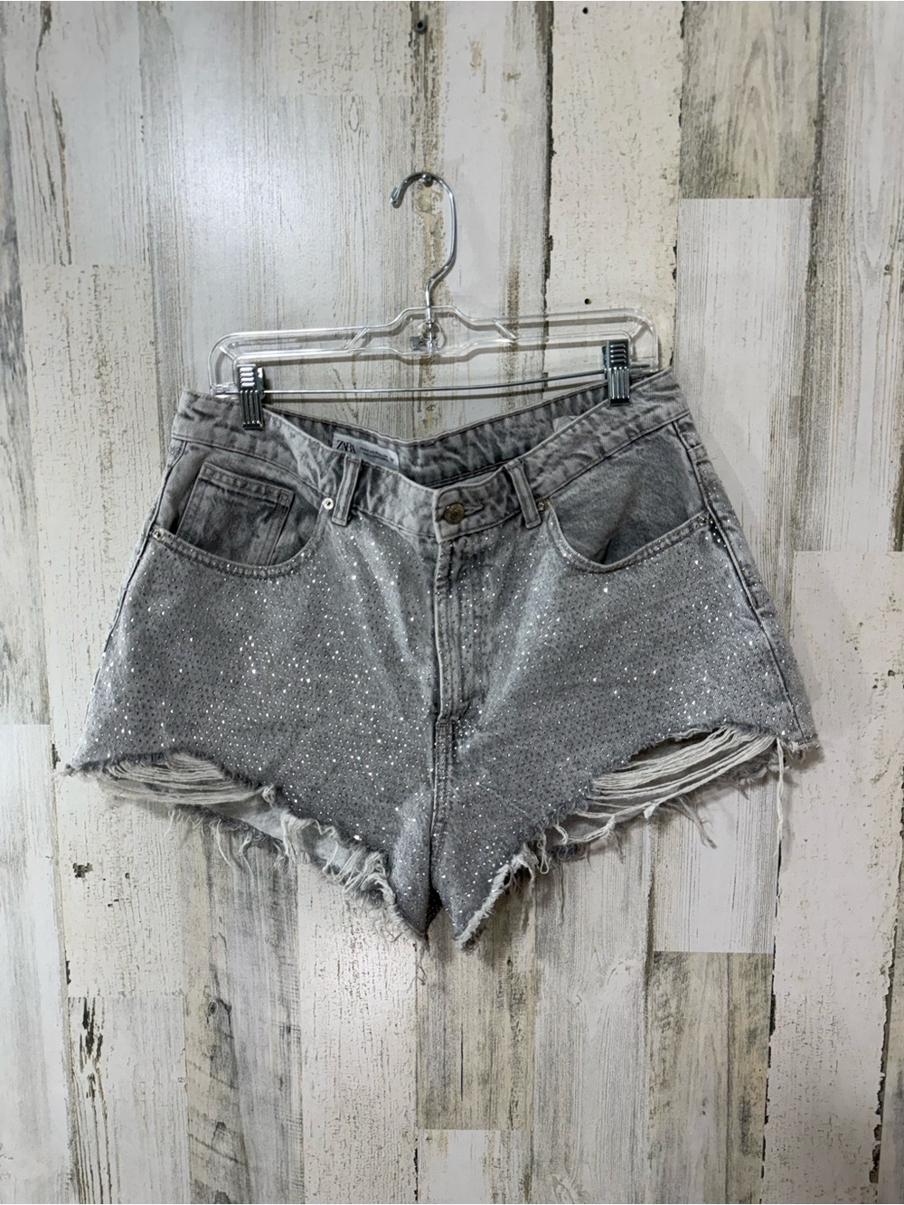 Zara Gray Cut Offs Sparkle Bedazzled Distressed Denim Shorts
